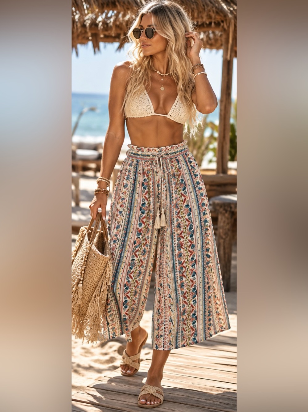 Bohemian Patterned Wide-Leg 3/4 Pants